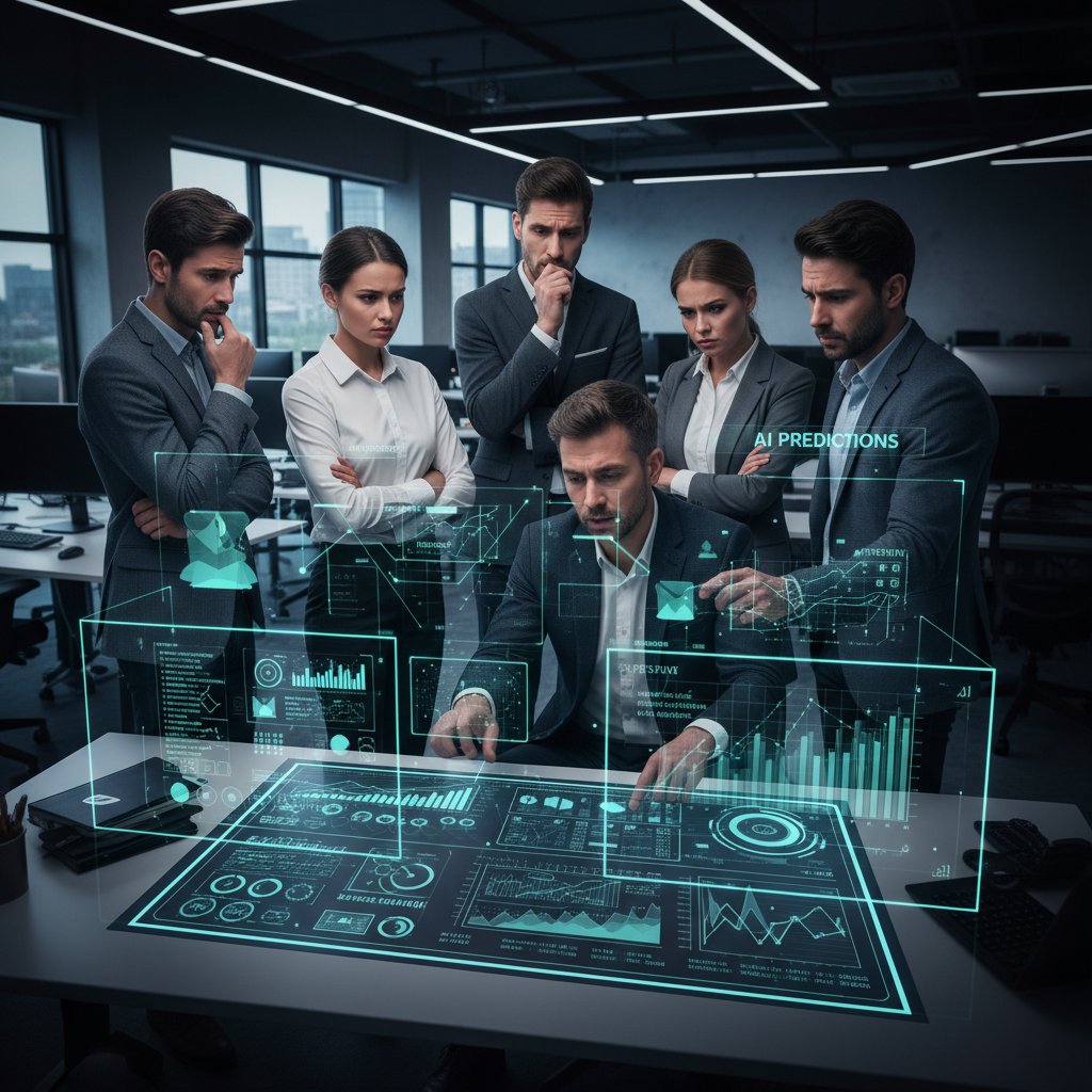 Employees evaluating new AI productivity tools in a modern office with vibrant digital dashboards and AI overlays, highlighting both excitement and skepticism about enterprise AI productivity applications