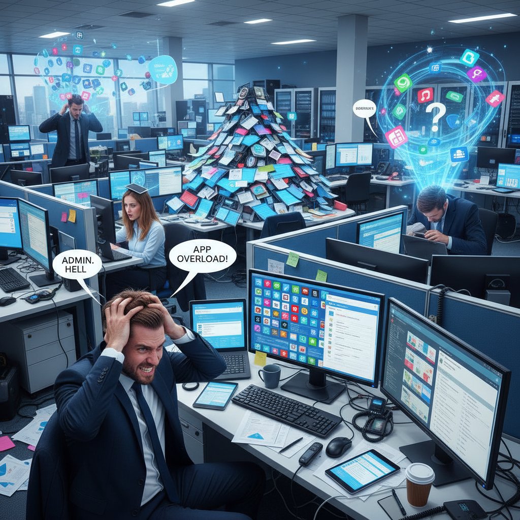 Modern office workers frustrated with too many productivity apps for admin help