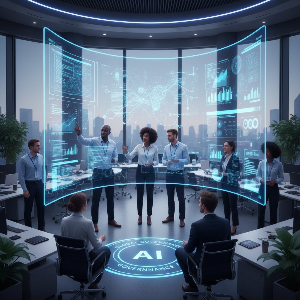 Zdjęcie pokazujące urzędników pracujących przy komputerach, na ekranach widoczne interfejsy AI – wdrożenie AI w urzędach