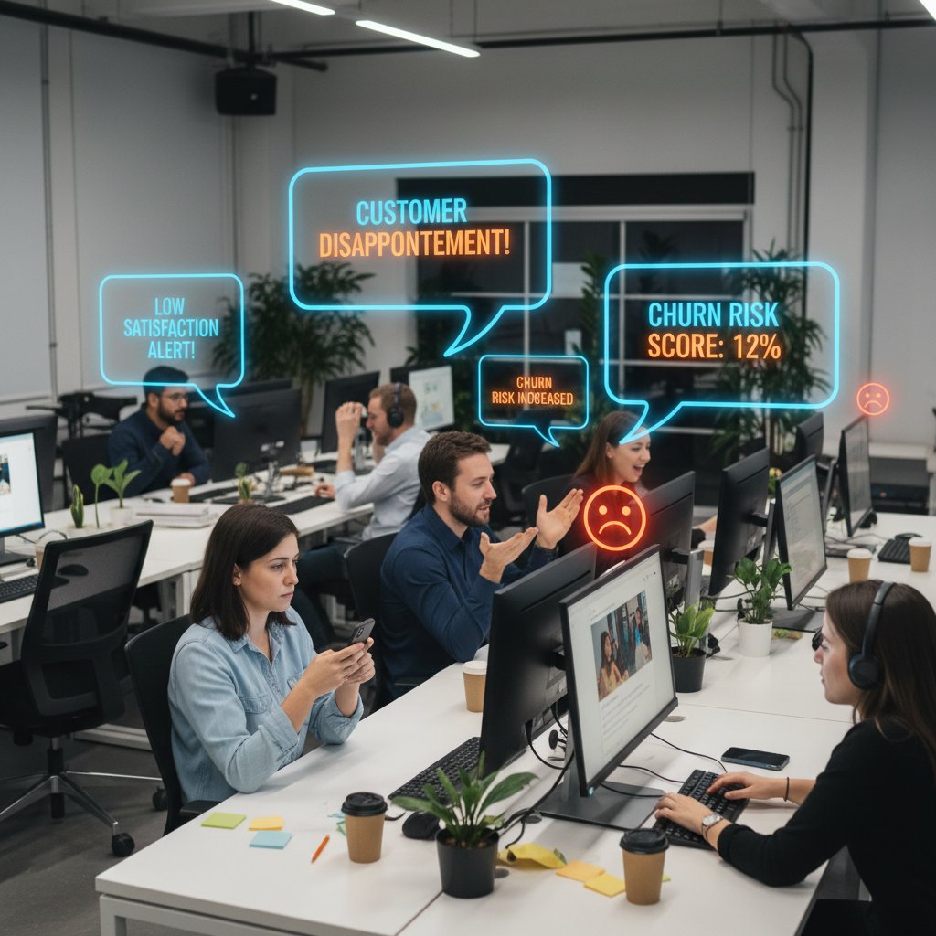 Photo of a crowded office with people ignoring chatbot feedback popups on their screens, satisfaction icons faded out