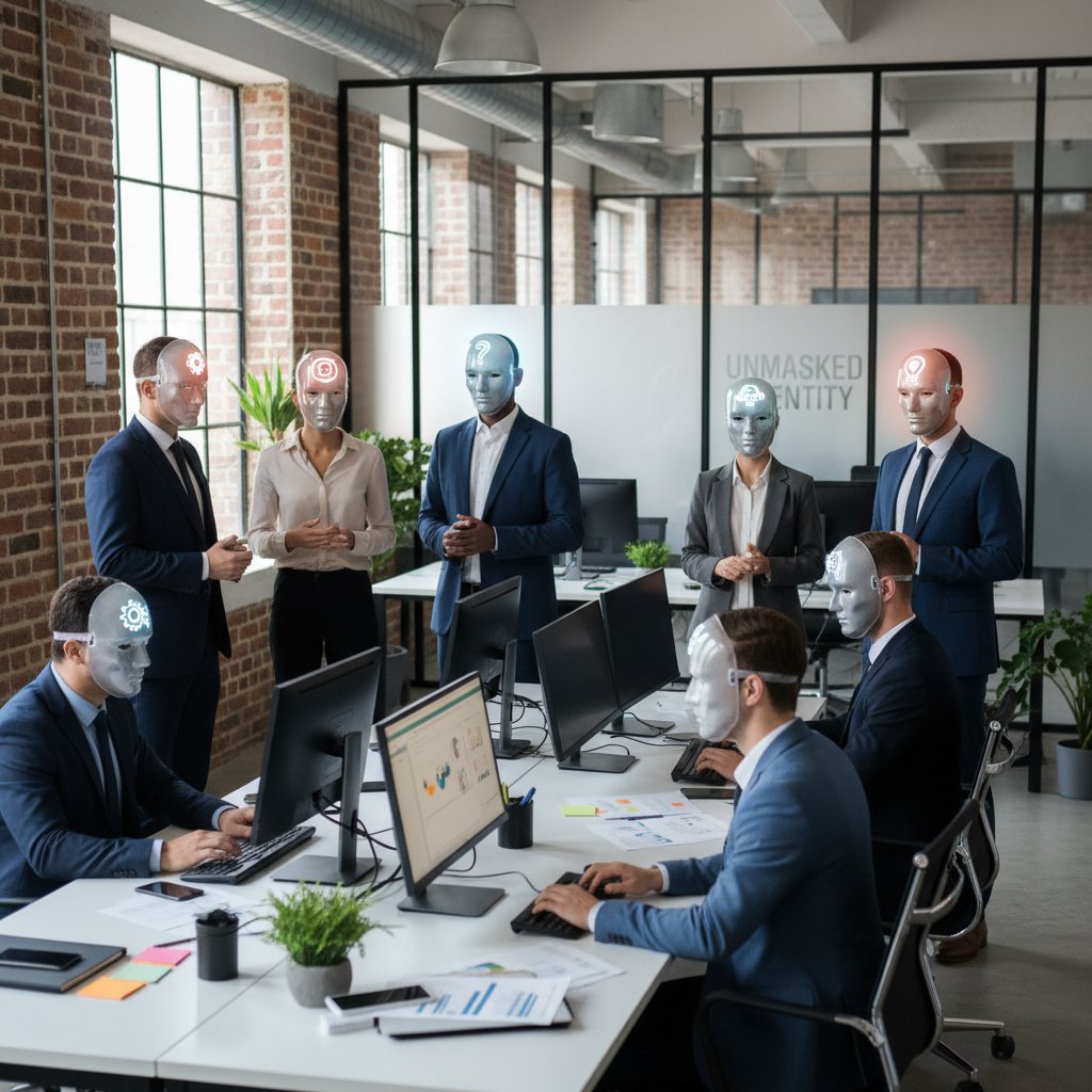 Grupa ludzi w biurze, część z nich w maskach, symbolizująca konflikt między tożsamością publiczną a prywatną