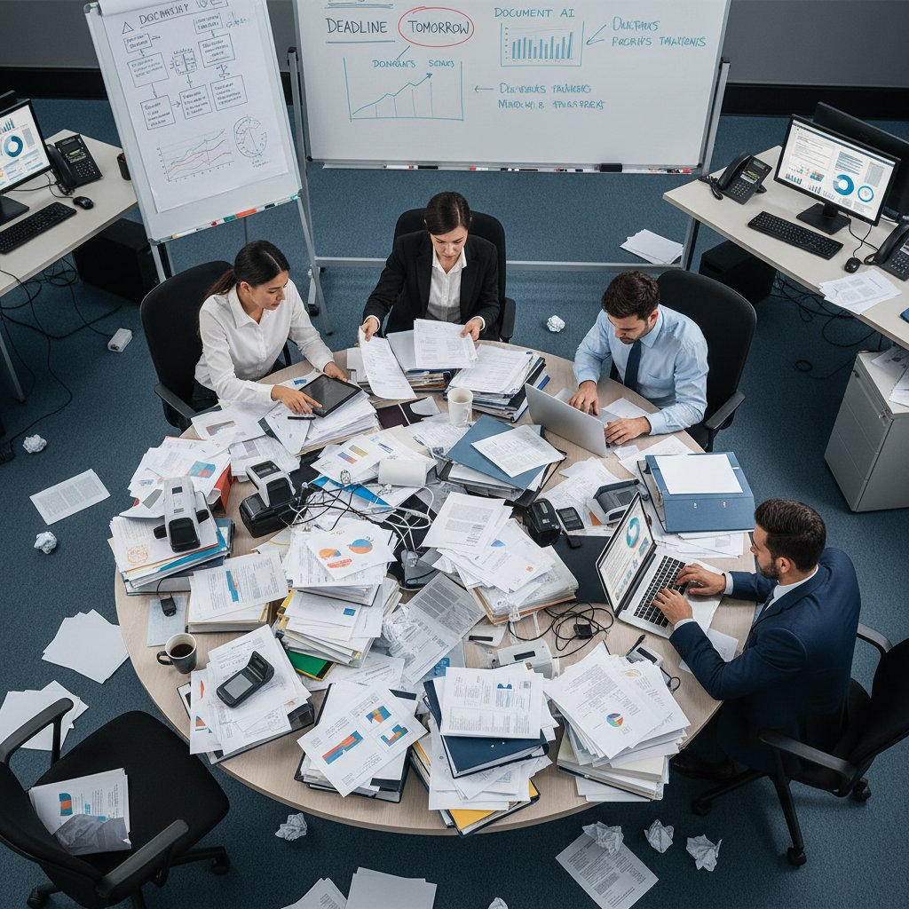 Office workers overwhelmed by paper chaos, intelligent document recognition, urgent business environment