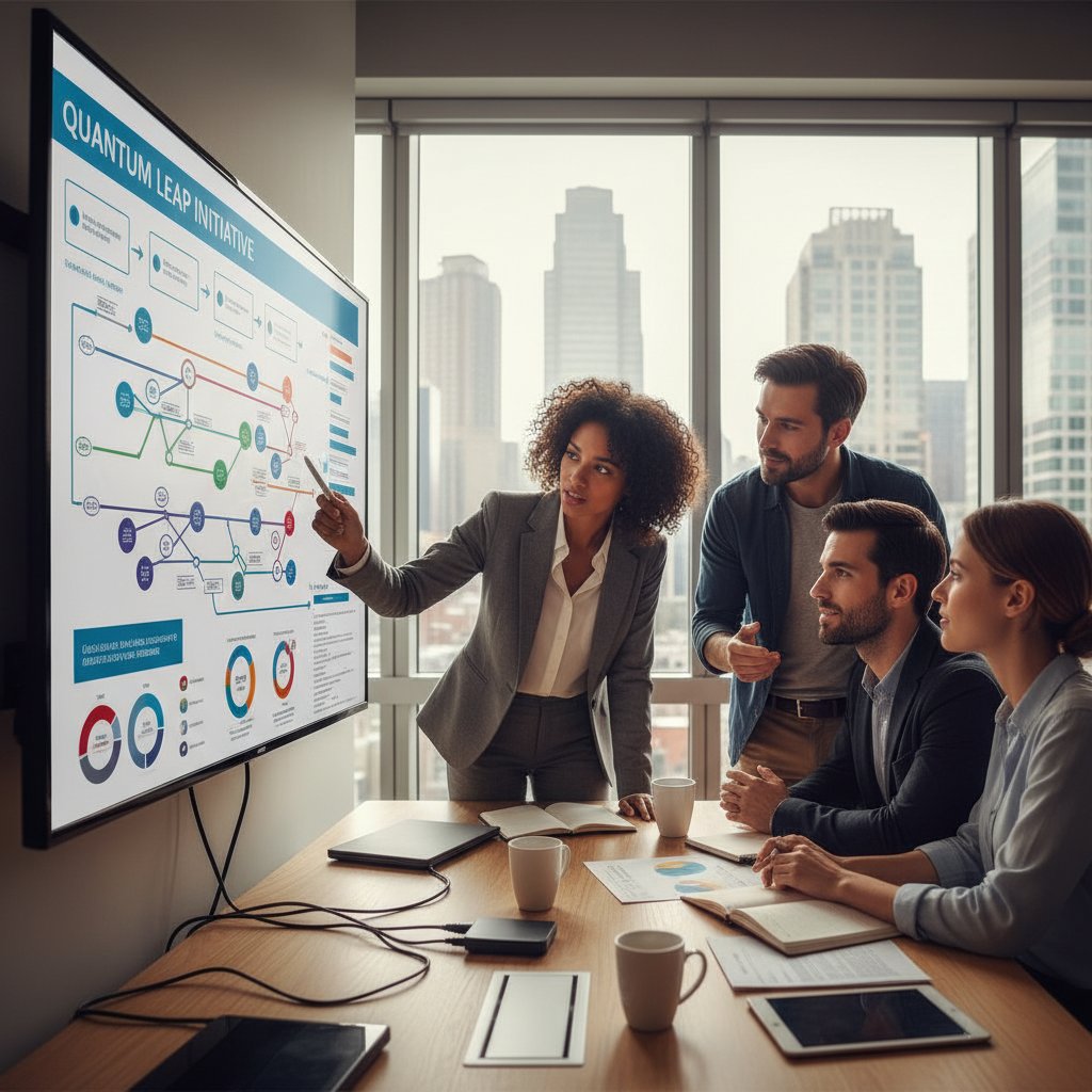 Grupa pracowników w biurze, uśmiechnięci i zaangażowani w projekt – symbol pozytywnego zaangażowania w pracy