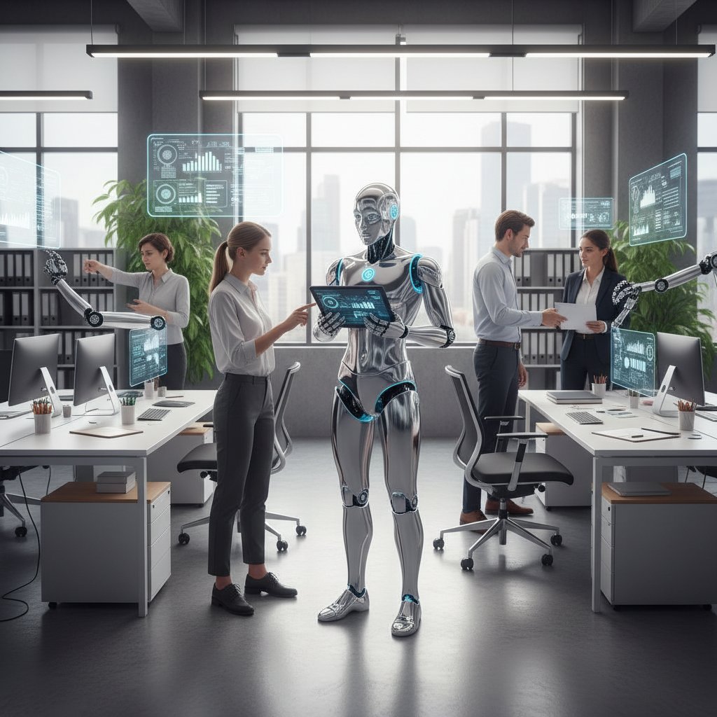 Grupa pracowników w biurze, niepokojąco patrząca na robotycznego asystenta – automatyzacja, filozoficzne aspekty nowych technologii