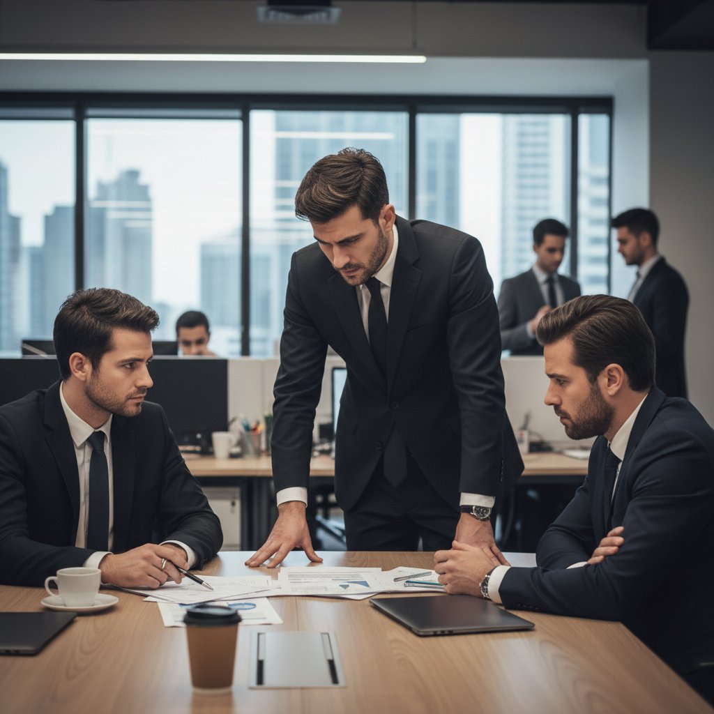 Pracownicy biura prowadzą poważną rozmowę przy stole, relacje zawodowe