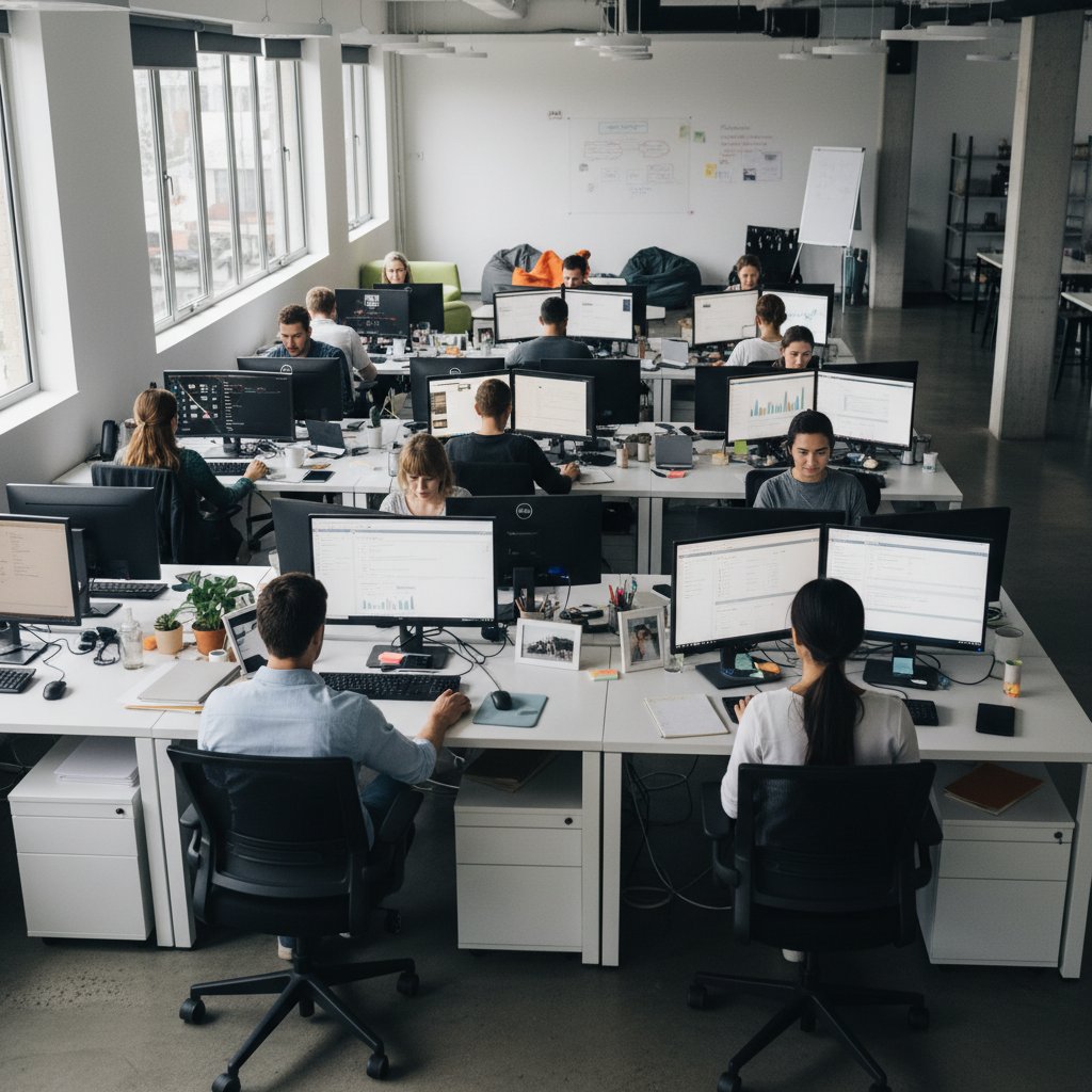 Office scene with employees glued to their screens, Alt: Office workers intensely staring at computer screens