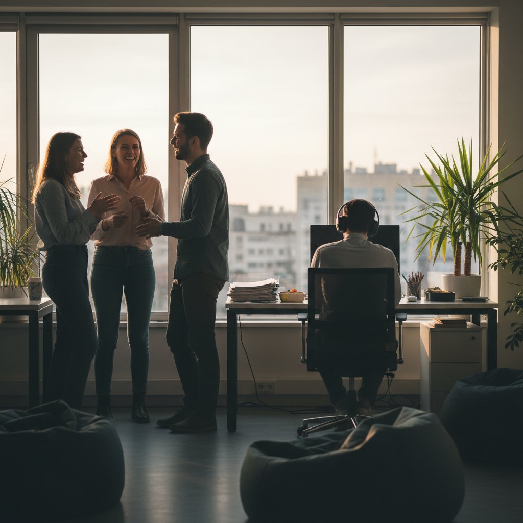 Dwóch pracowników biurowych, jeden z nich wycofany, patrzący w okno – obraz relacji zawodowych osób z AvPD