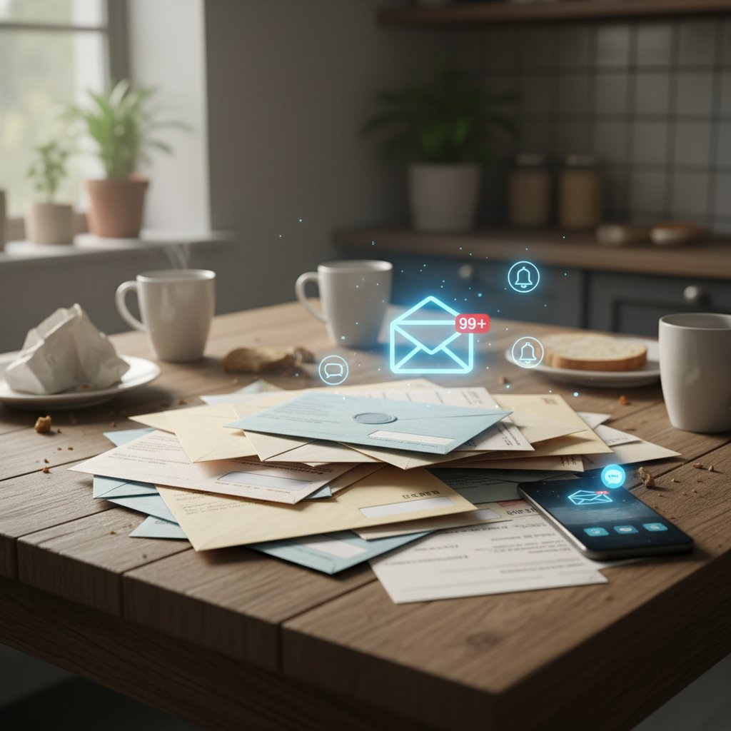 Stos oficjalnych pism i nieprzeczytanych powiadomień na kuchennym stole, dom rodzinny