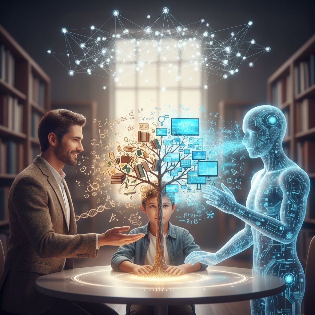 Nauczyciel offline, komputer z AI i uczeń w jednym kadrze, symboliczne połączenie metod nauki