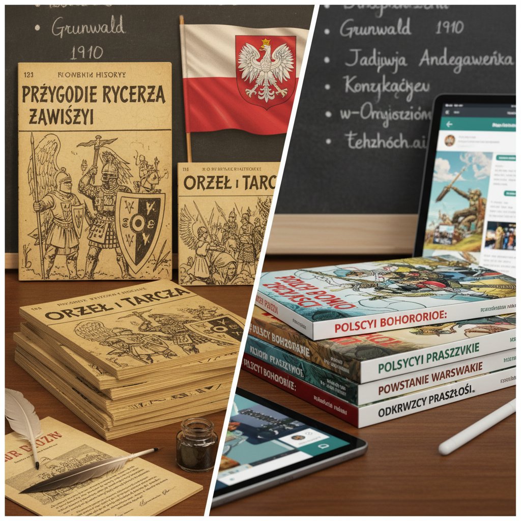 Stare i nowe komiksy edukacyjne na stole, polska edukacja, historia komiksów