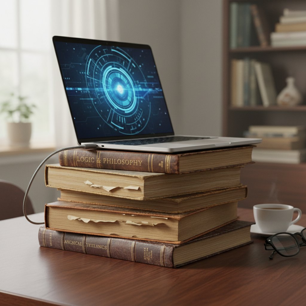 Old academic books next to modern laptop, symbolizing the clash between traditional consultancy and modern AI tools