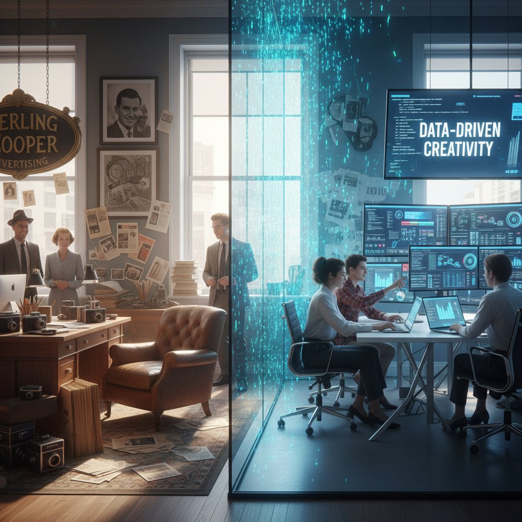 Stare biuro agencji reklamowej, obok nowoczesnego zespołu analizującego dane na laptopach