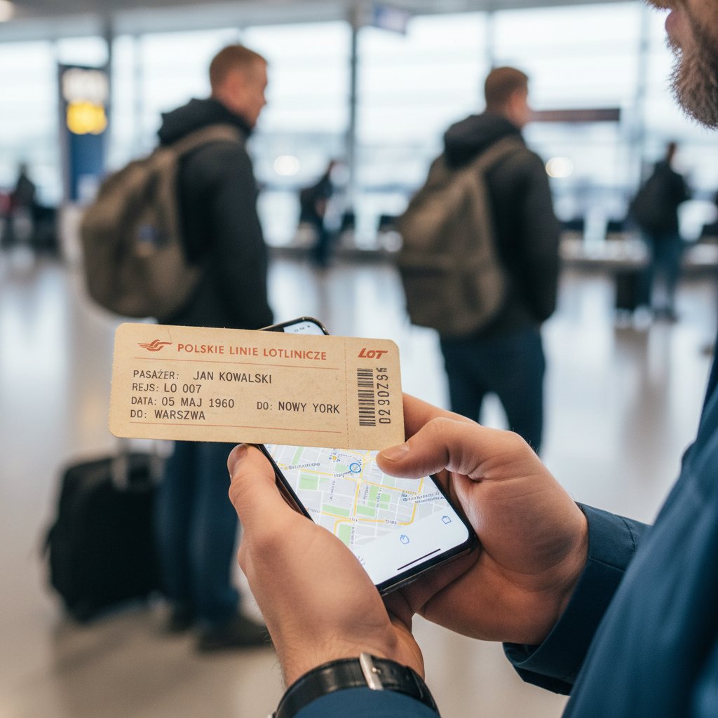 Stare papierowe bilety lotnicze kontra nowoczesna aplikacja na smartfonie, polski podróżnik w tle