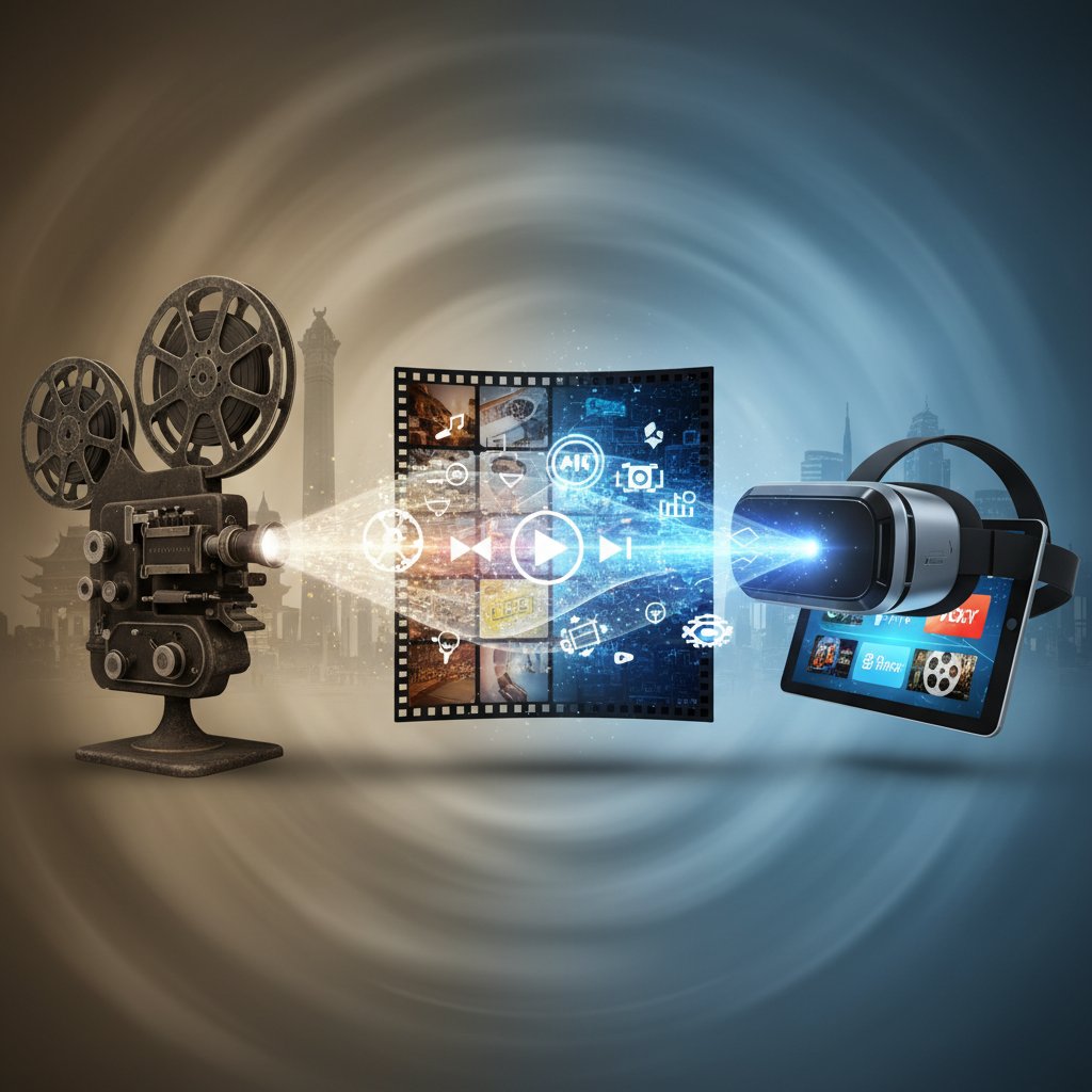 Old and new movie formats side by side, symbolic, 16:9.