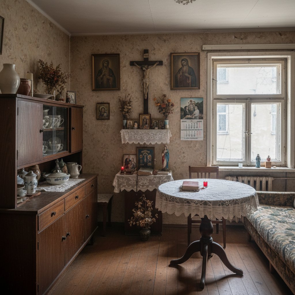 Stare polskie mieszkanie z elementami PRL i symbolami religijnymi