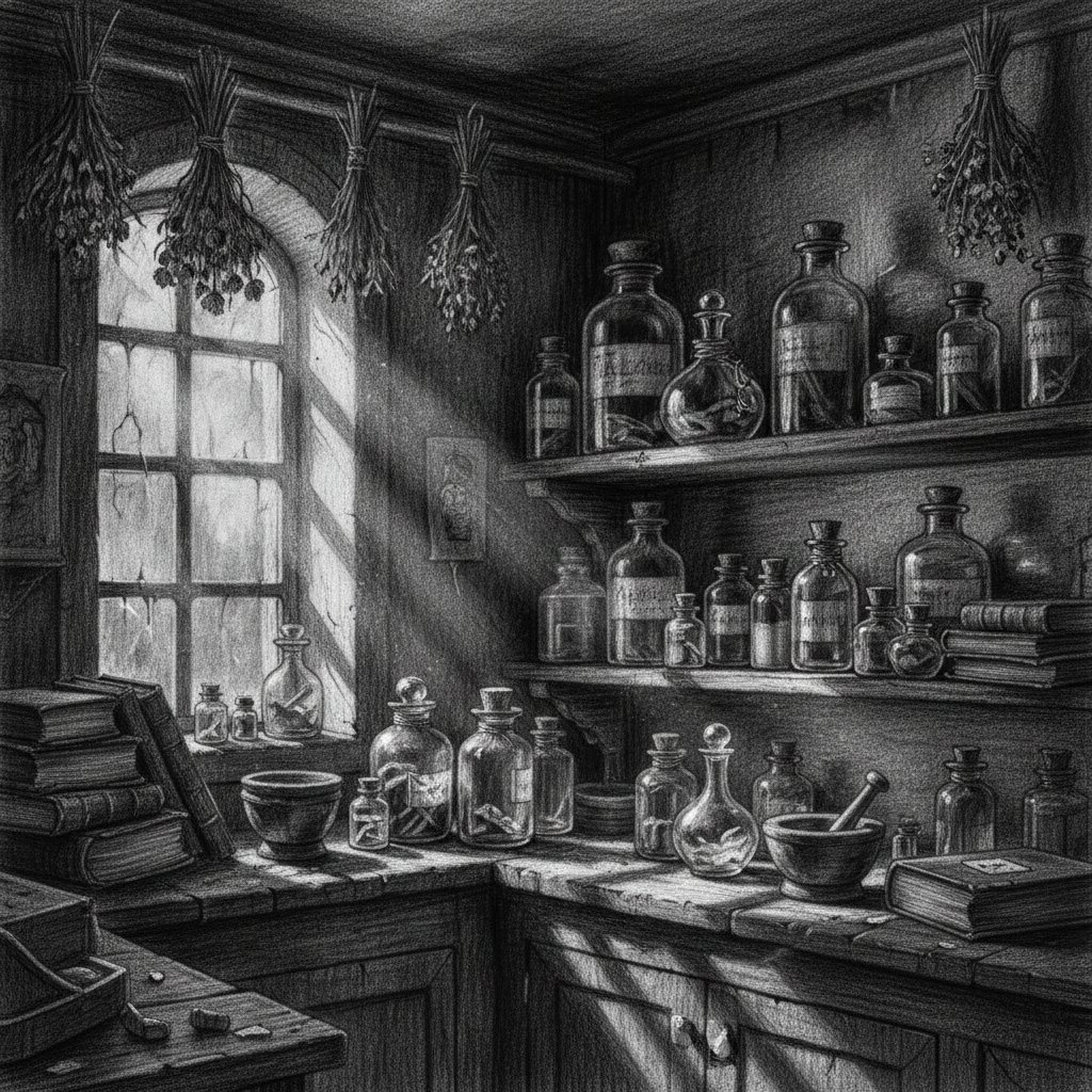 Zabytkowe słoje apteczne z węglem aktywnym, historyczne opakowania, nastrojowe światło