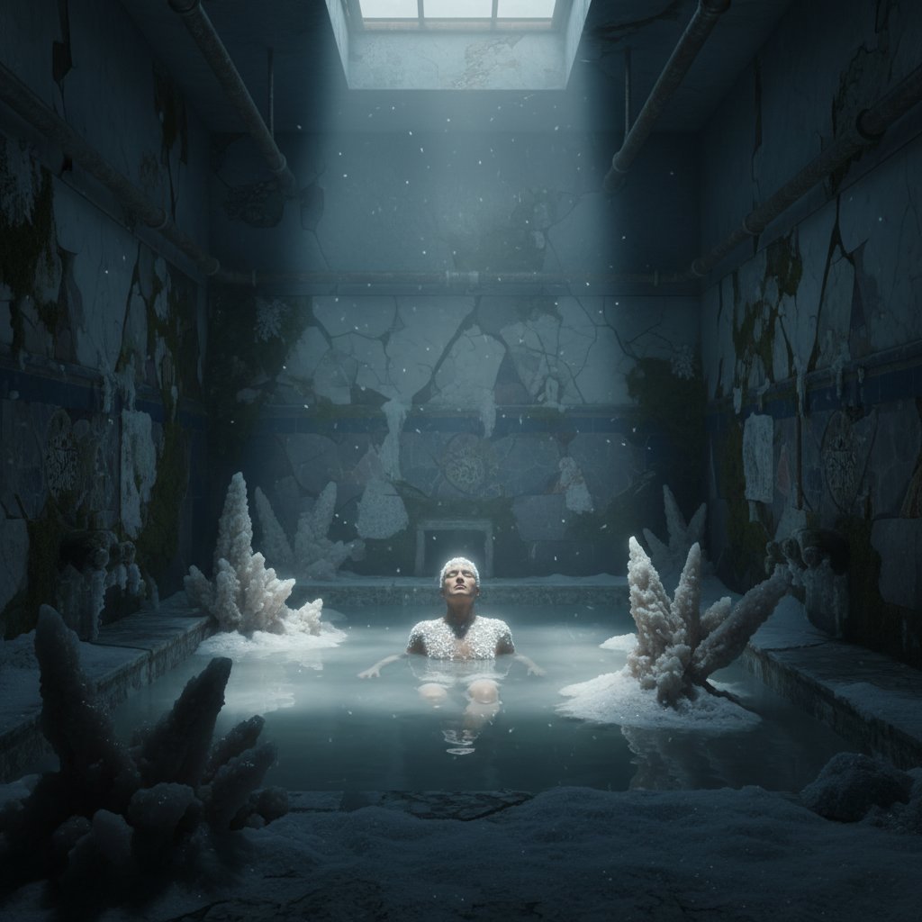 Zabytkowa łaźnia solankowa z osobą zanurzoną w wodzie, atmosferyczne światło, sól na brzegach, kąpiele solankowe
