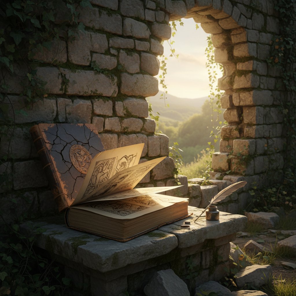 Stara książka na tle zniszczonego muru – symbol literackiej granicy