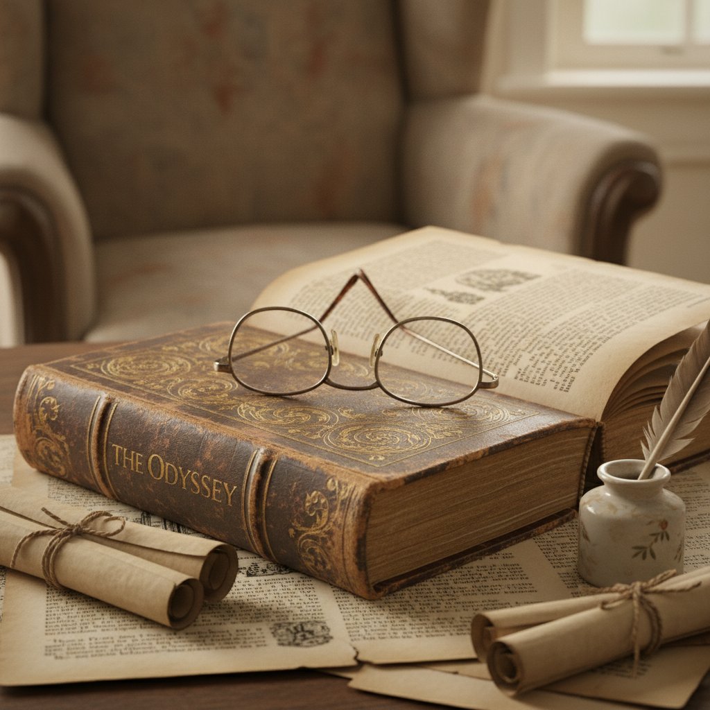 Stara książka i okulary na stole, symbolizujące opis kaszlu w polskiej literaturze