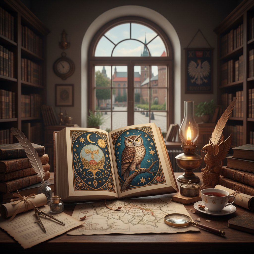 Stara książka z ilustracją sowy na tle zatłoczonego biurka, polski klimat
