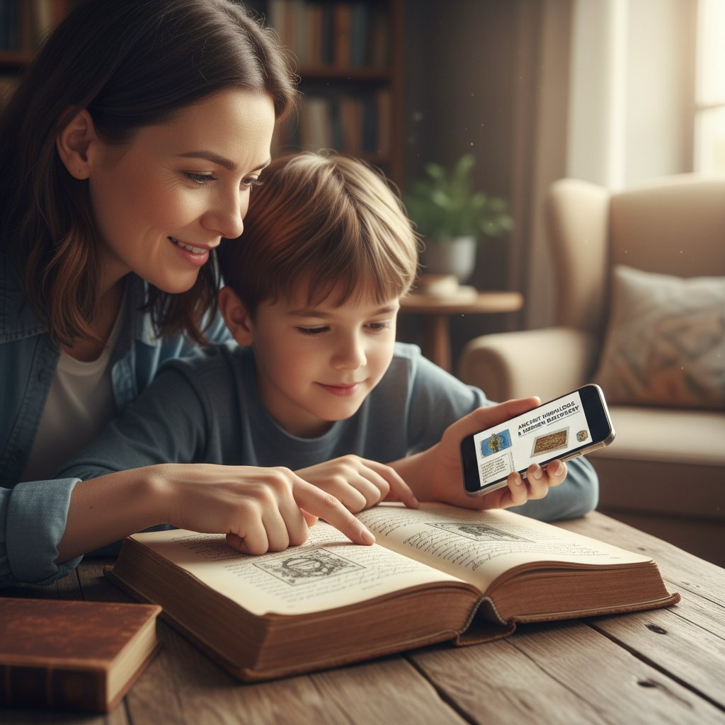 Stary poradnik papierowy i nowoczesny smartfon na stole rodzica