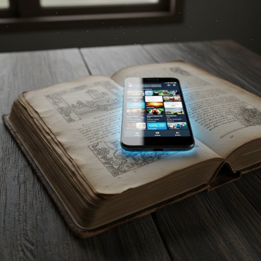 Stare książki przechodzące w ekran smartfona, symbolizujące przemianę historii w cyfrową rzeczywistość