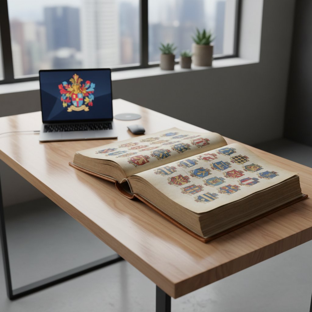Stara księga herbów leżąca na nowoczesnym biurku, obok laptopa – zderzenie historii i współczesności