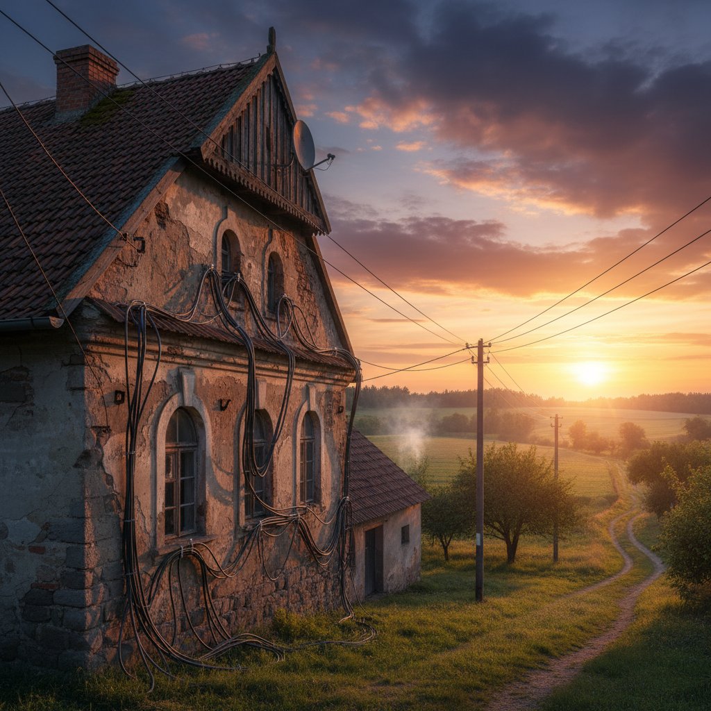 Starszy budynek na polskiej wsi, podwórko z kablami internetowymi, zachód słońca