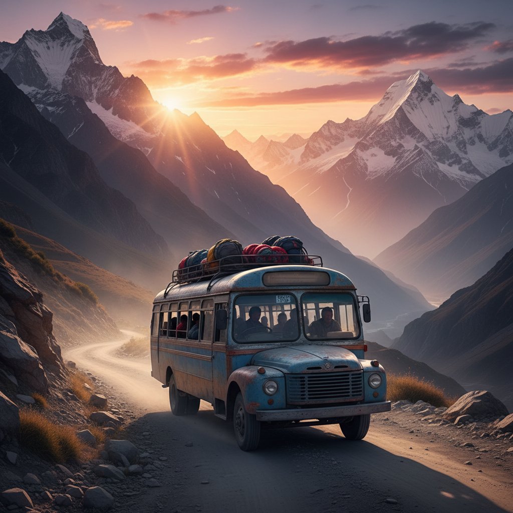 A bus traveling through dramatic mountain terrain in Asia, representing global road trip movies