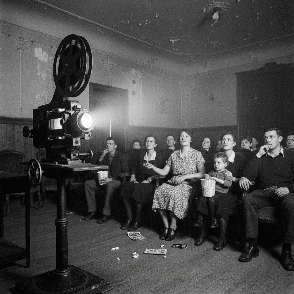 Old cinema projector with a small audience, black-and-white, slice of life movie screening
