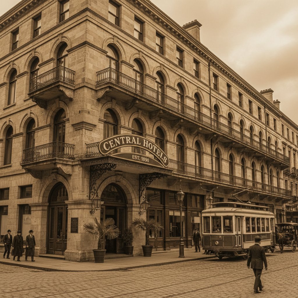 Historic photo recreation of an old city hotel façade, sepia-toned, central hotels