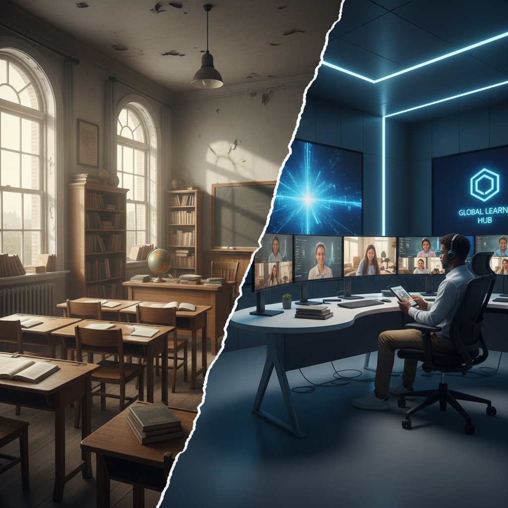 Stare zdjęcie sali szkolnej, obok nowoczesne studio do lekcji online, kontrast pokoleń