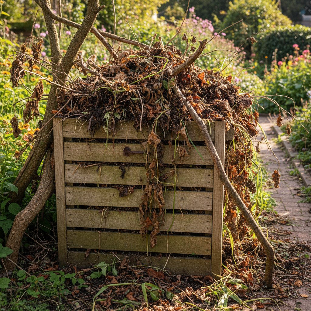 Stary, przepełniony kompostownik z mieszanką gałęzi, odpadków i liści
