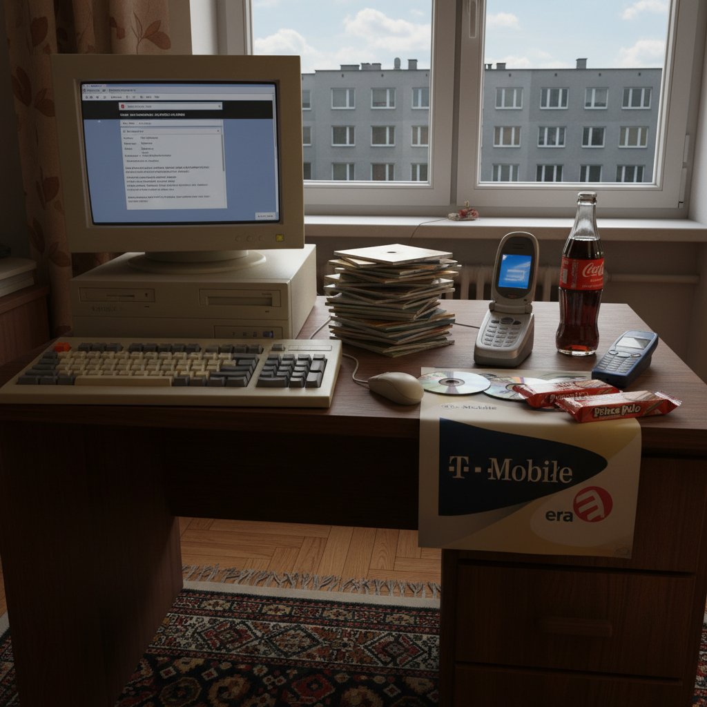 Zdjęcie archiwalnego komputera i telefonu komórkowego z lat 2000 – symbol topornych początków botów