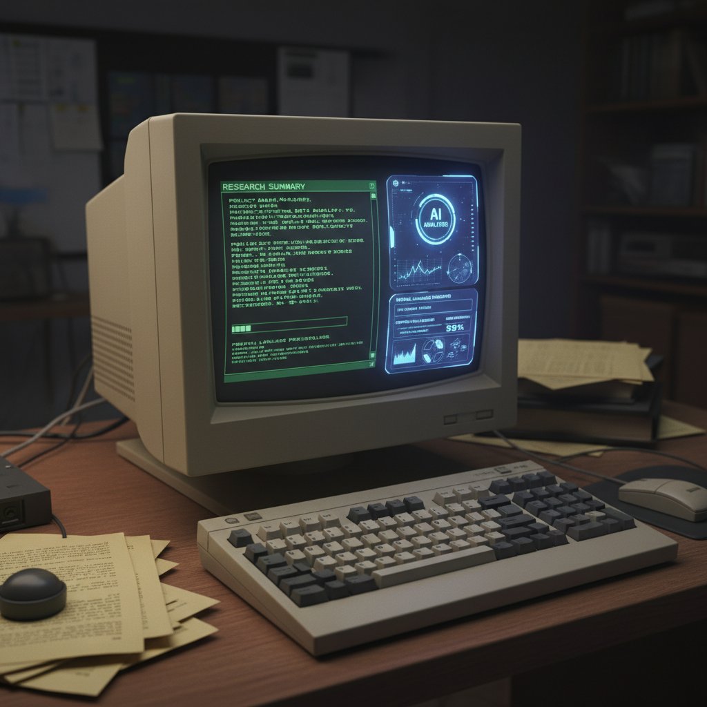 Old computer with clunky summary software next to modern AI dashboard