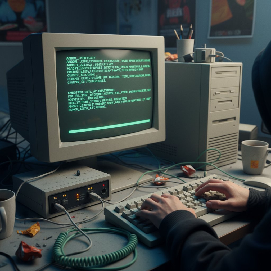 Stary komputer i modem dial-up, symboliczny początek anonimowych czatów