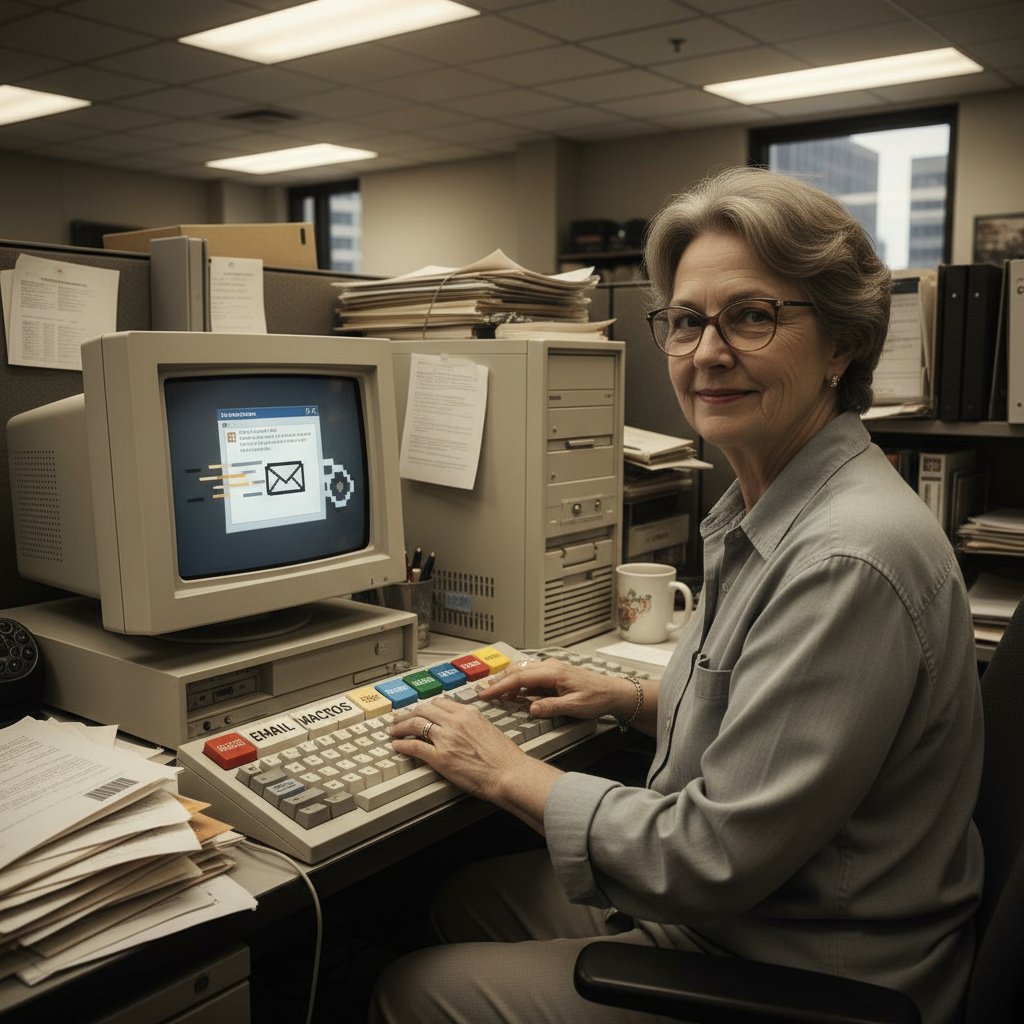 Pracownik korzystający ze starego komputera, na ekranie proste makra i szablony pocztowe