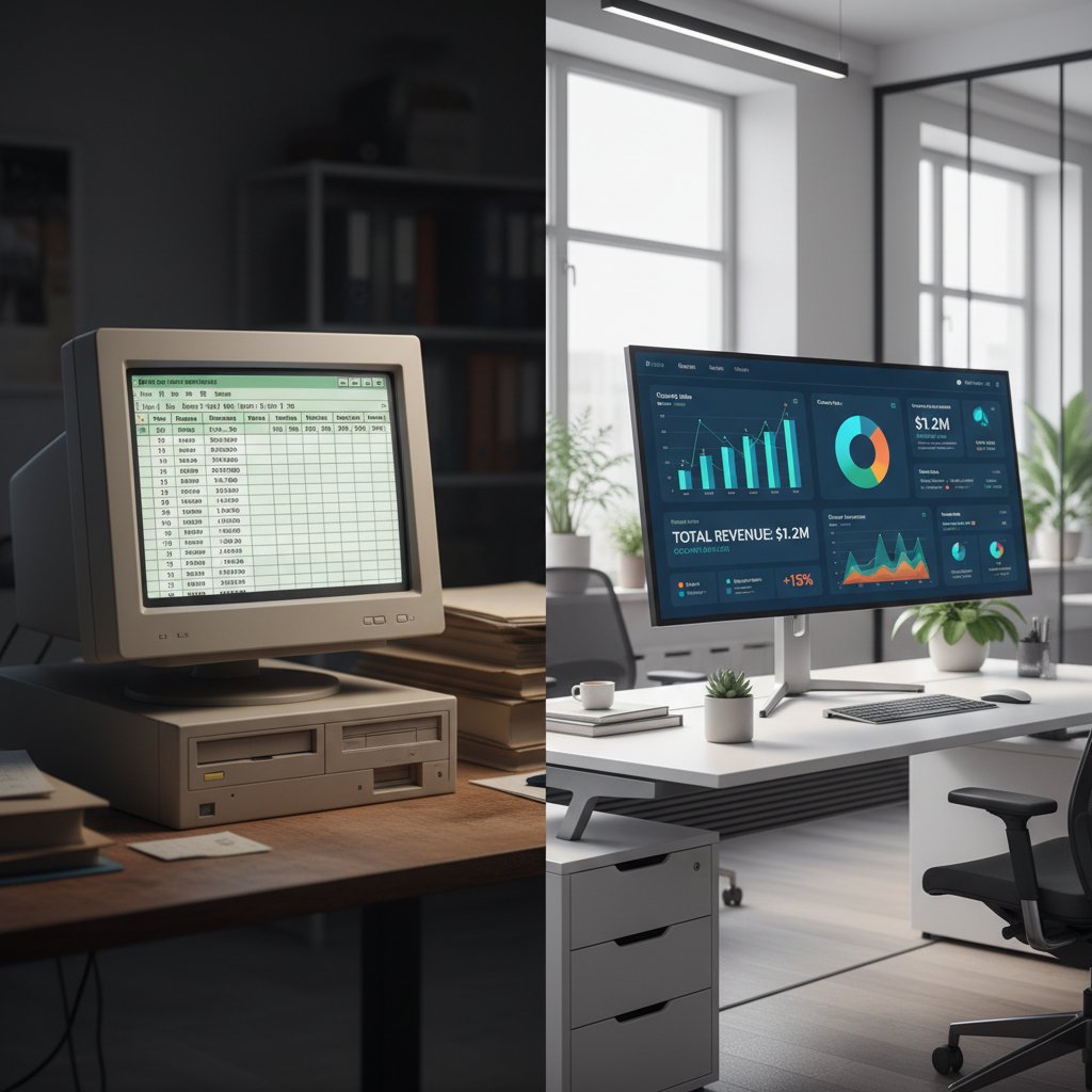 Stary komputer z włączonym Excelem obok nowoczesnego ekranu z zaawansowanym dashboardem sprzedażowym