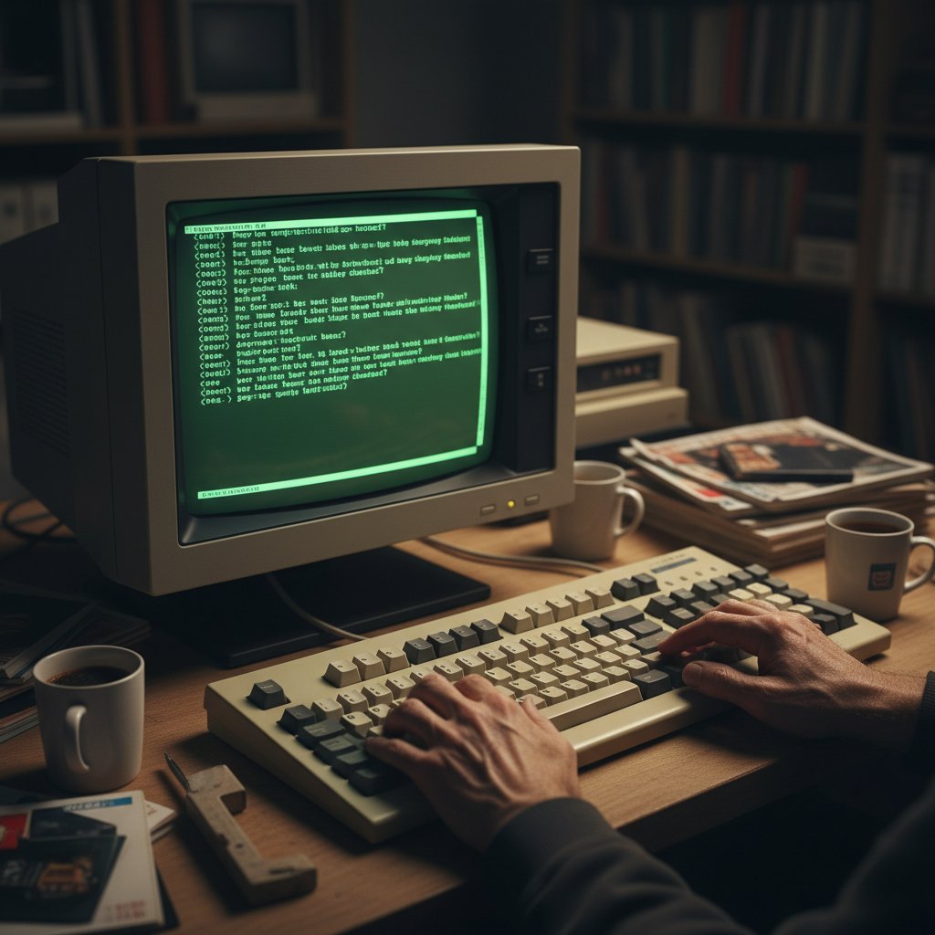 Zbliżenie na ekran starego komputera z otwartym czatem IRC i ręką osoby piszącej na klawiaturze