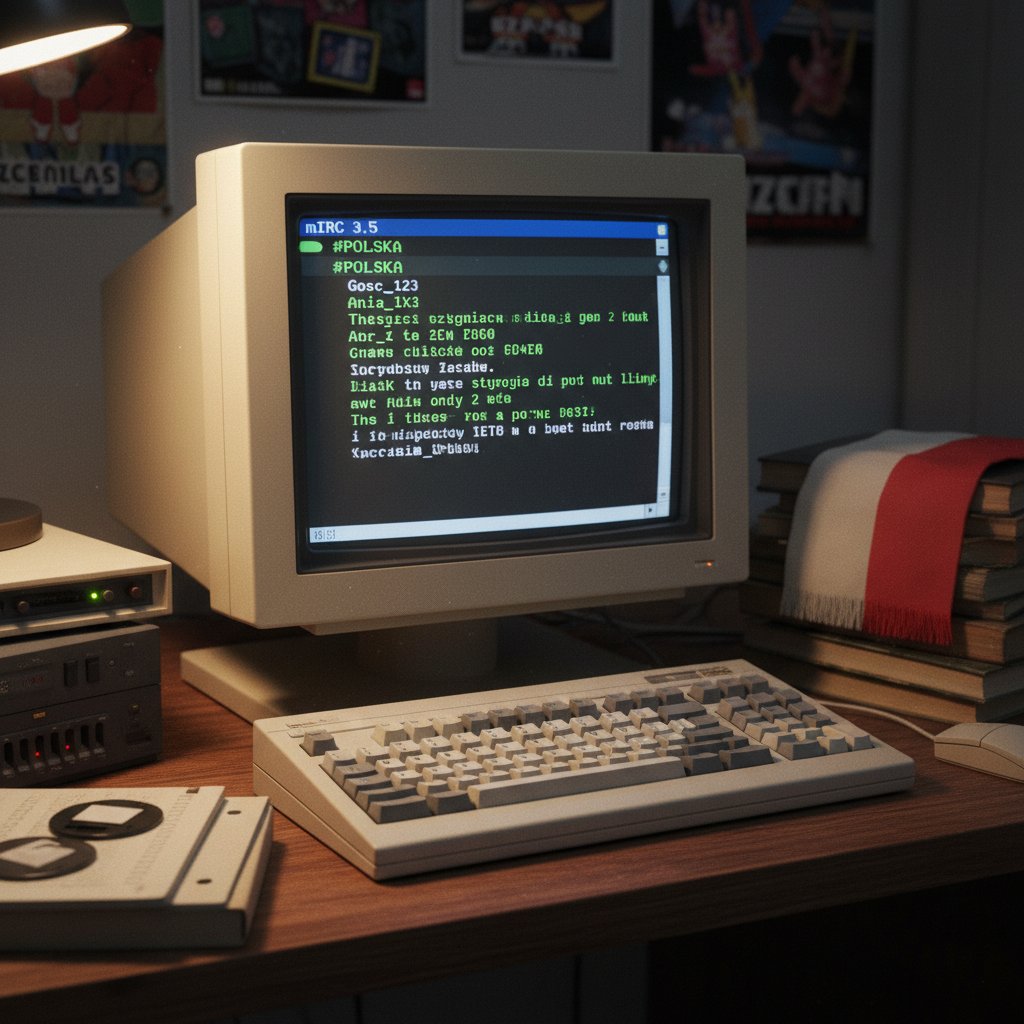 Stary komputer z otwartą aplikacją IRC i polską flagą w tle