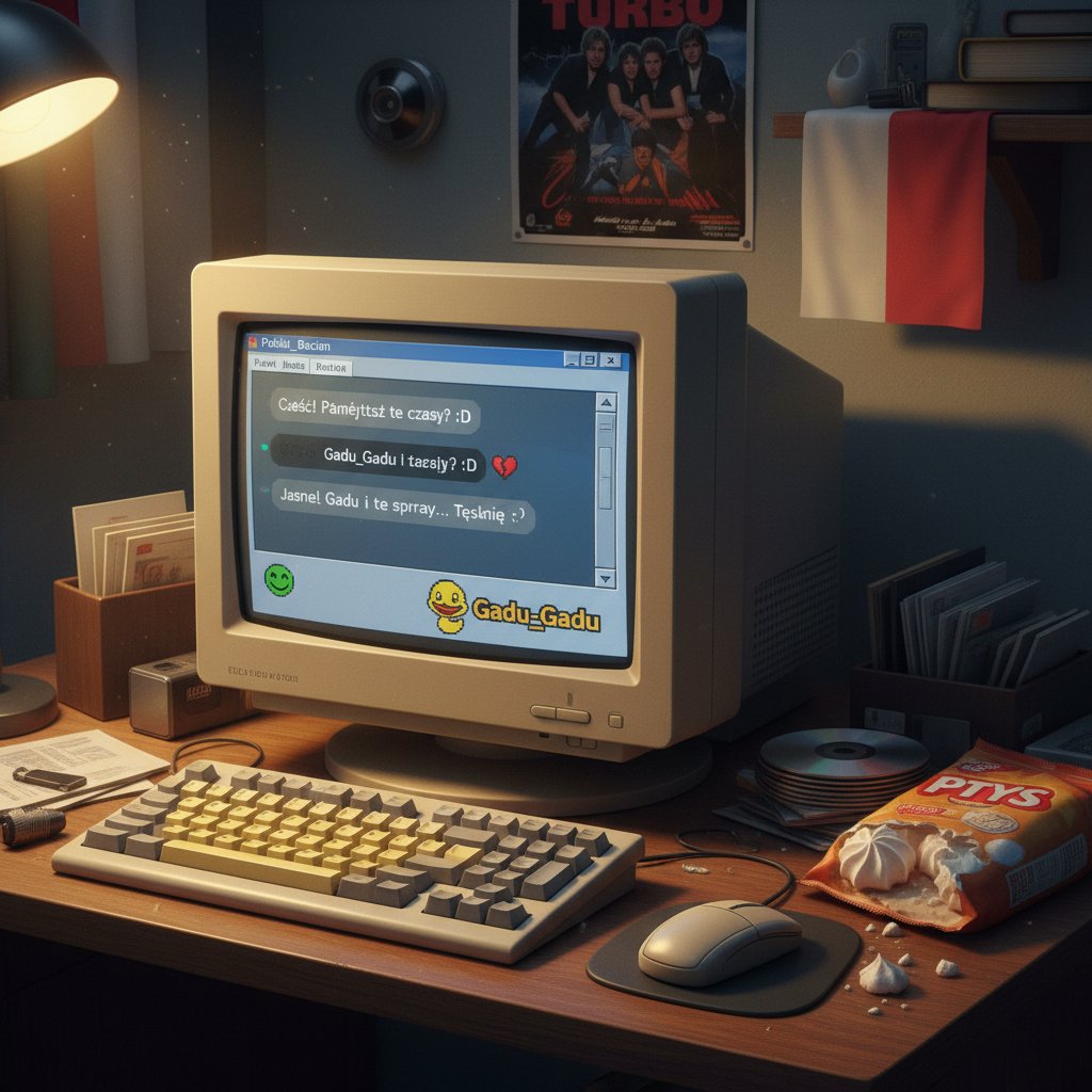 Zdjęcie starego komputera z otwartym komunikatorem GG, symbolizującego początek wirtualnych relacji w Polsce