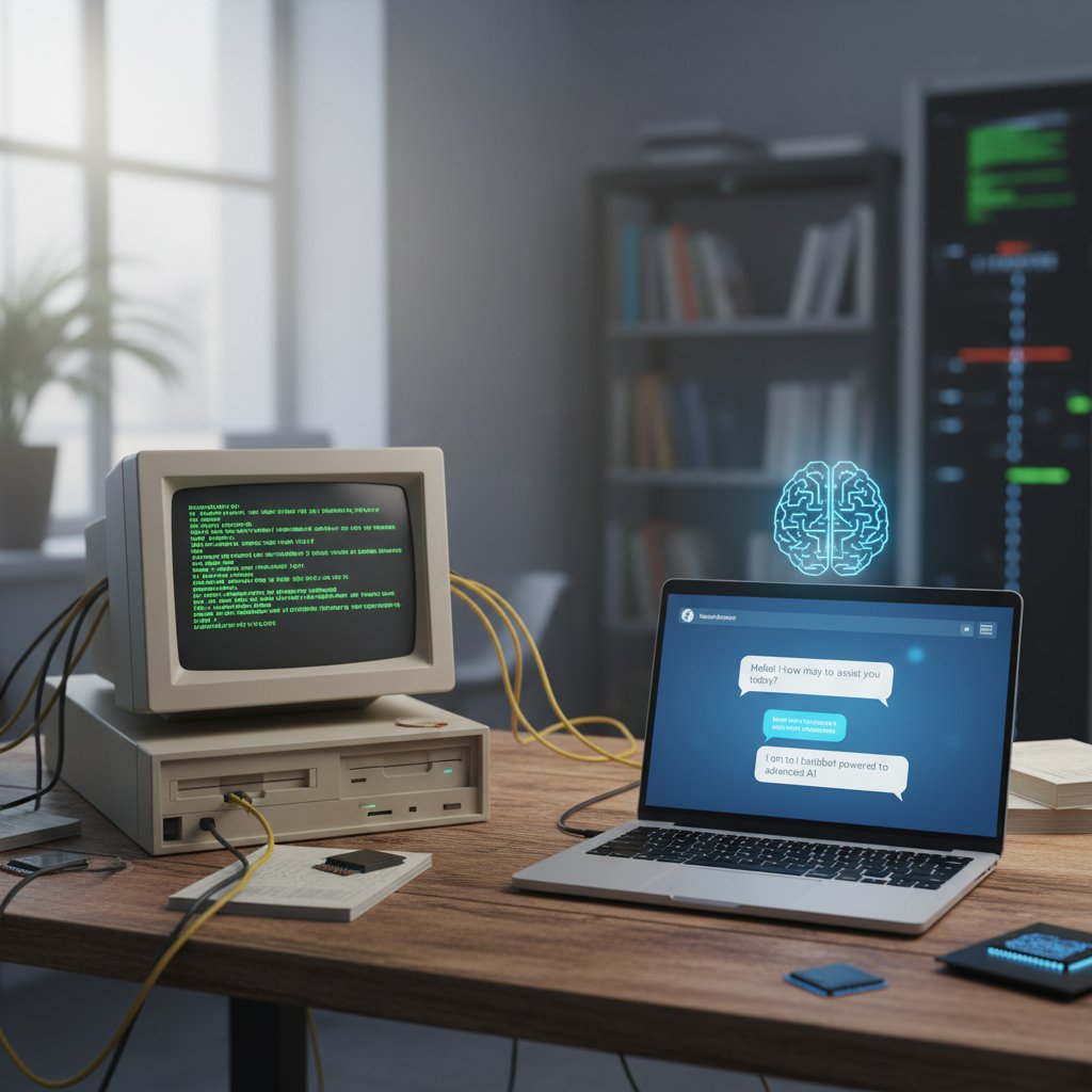 Stara i nowoczesna technologia chatbotów, osoba przy starym komputerze i współczesnym laptopie