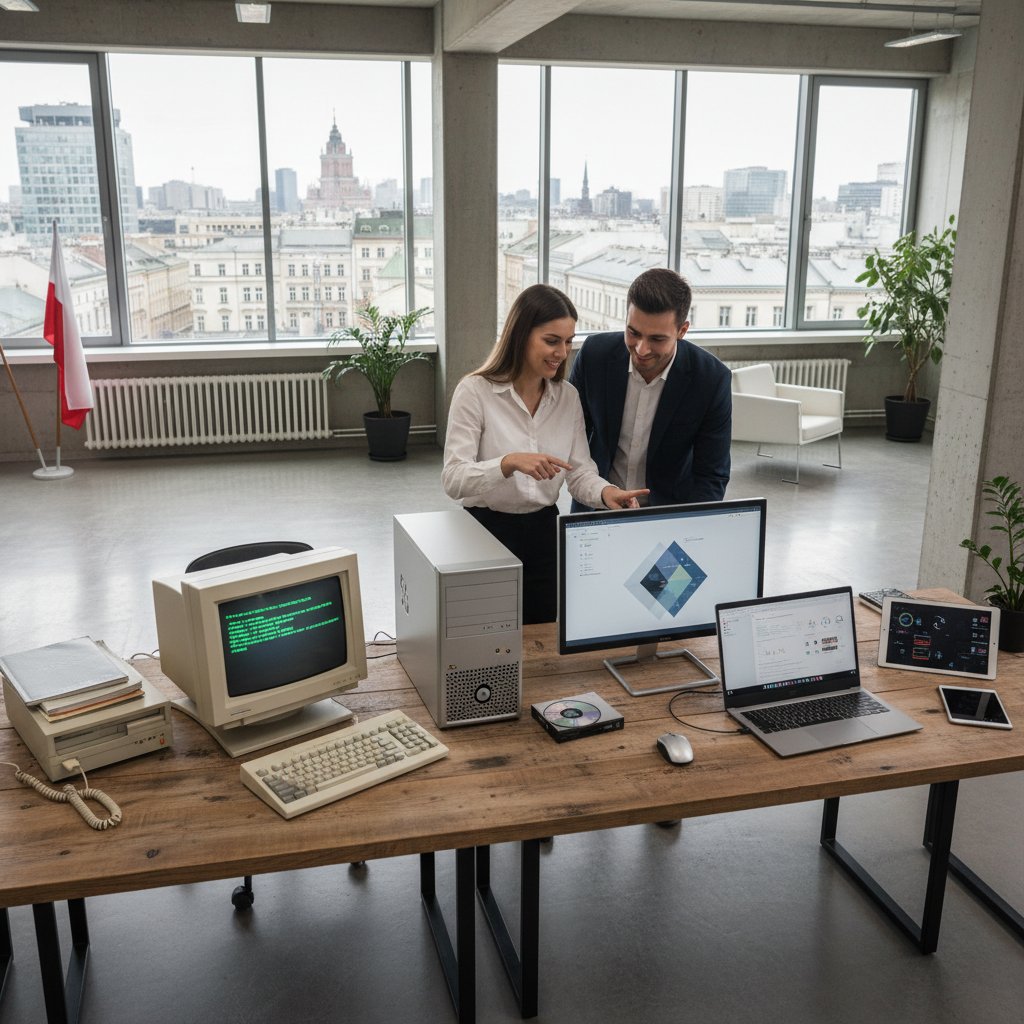 Stary komputer i nowoczesny laptop - ewolucja narzędzi analitycznych w polskich biurach