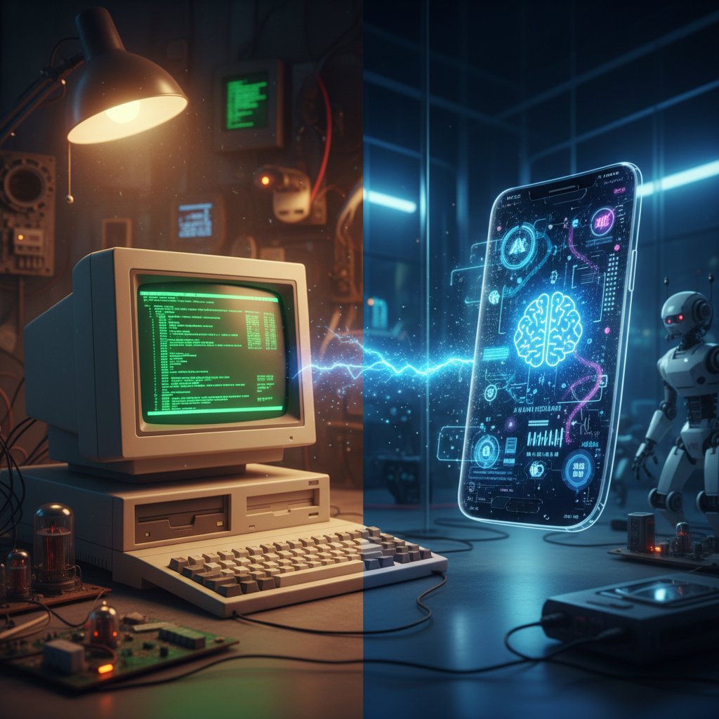 Zabytkowy komputer obok nowoczesnego telefonu – zestawienie historii i przyszłości chatbotów
