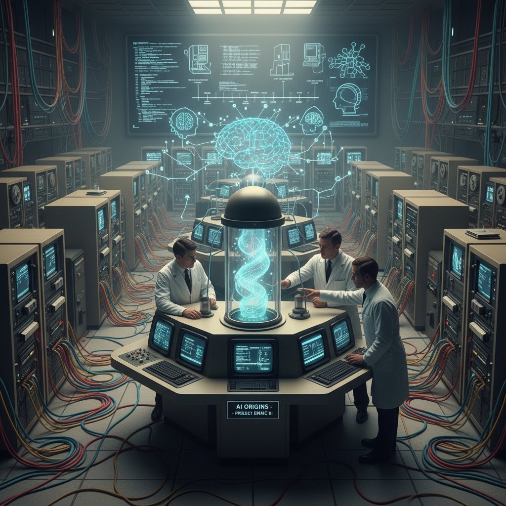 Stare centrum komputerowe z naukowcami przy konsoli, symbolizujące genezę AI doradców