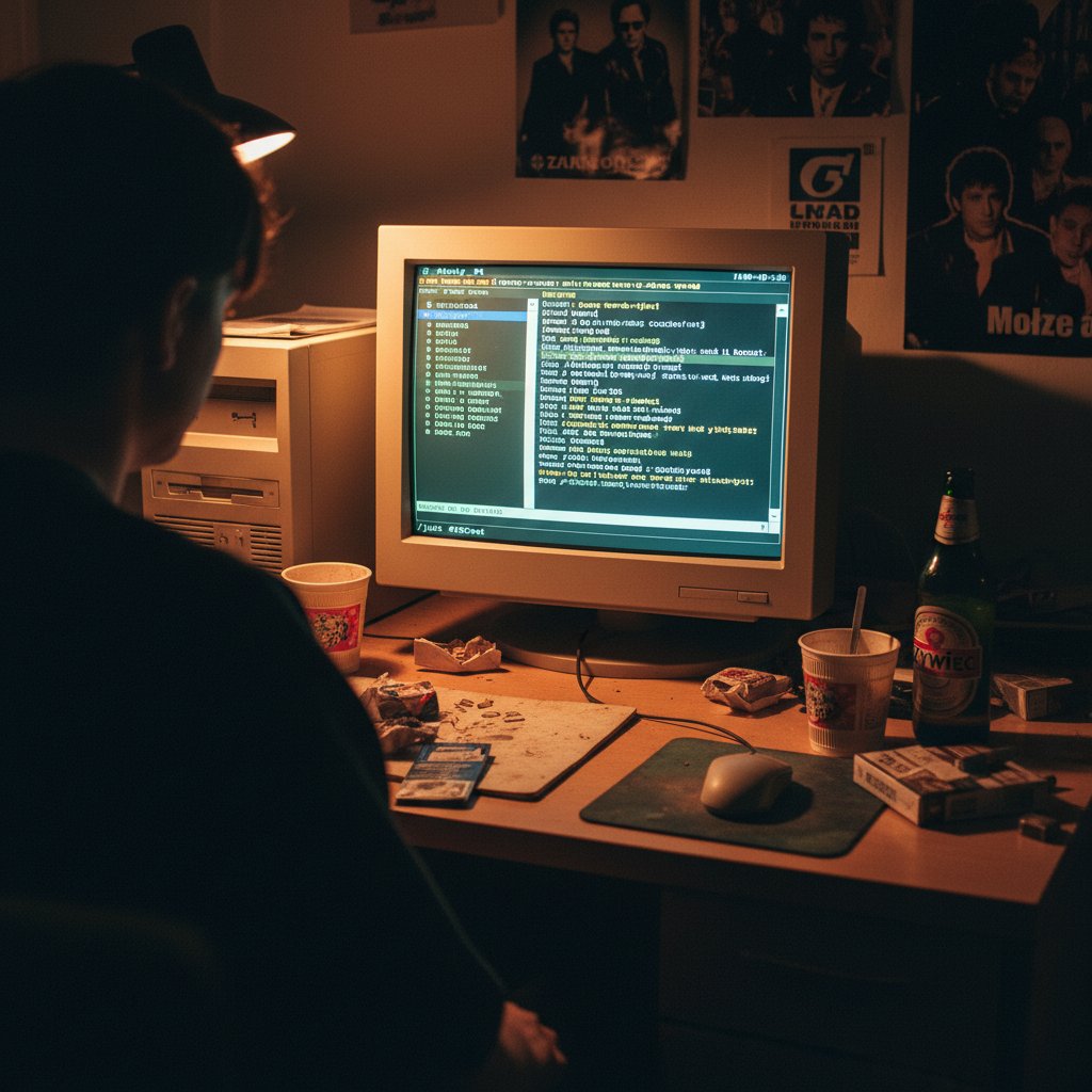 Archiwalne zdjęcie ekranów komputerów z otwartymi czatami IRC, klimat lat 90. w Polsce