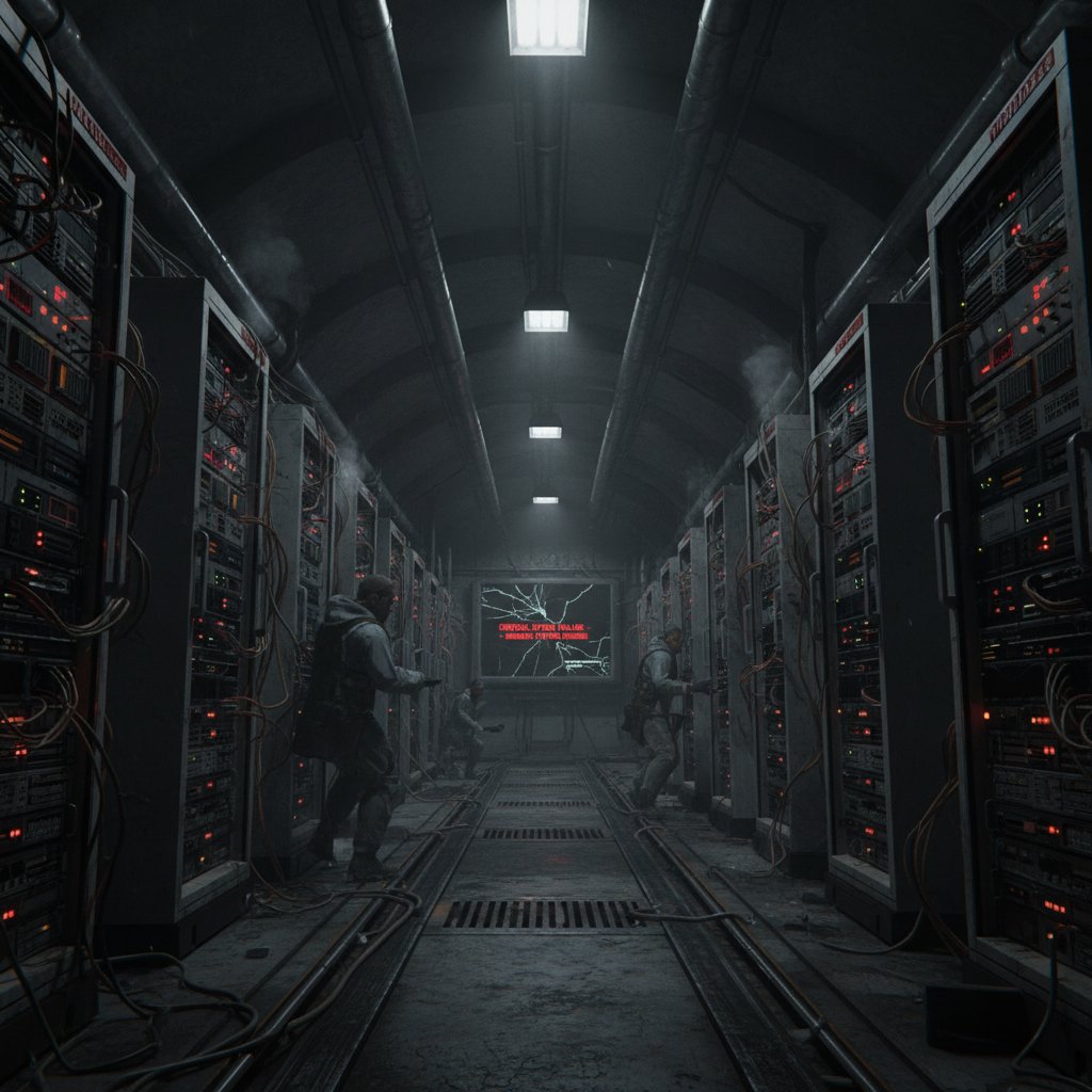 Awaria serwerów w startupie podczas symulacji kryzysowej, styl gritty, silne cienie