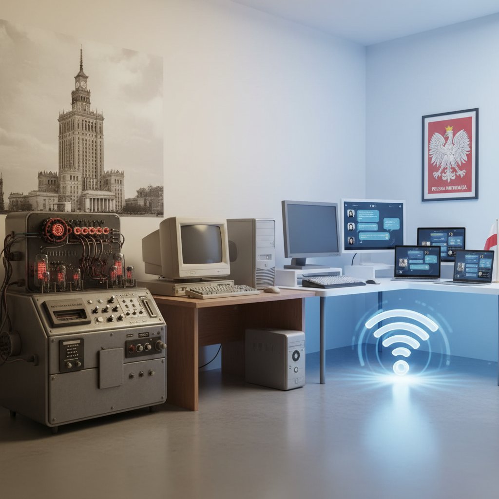 Stare komputery i nowoczesne laptopy w jednym kadrze, symbolizujące ewolucję czatów