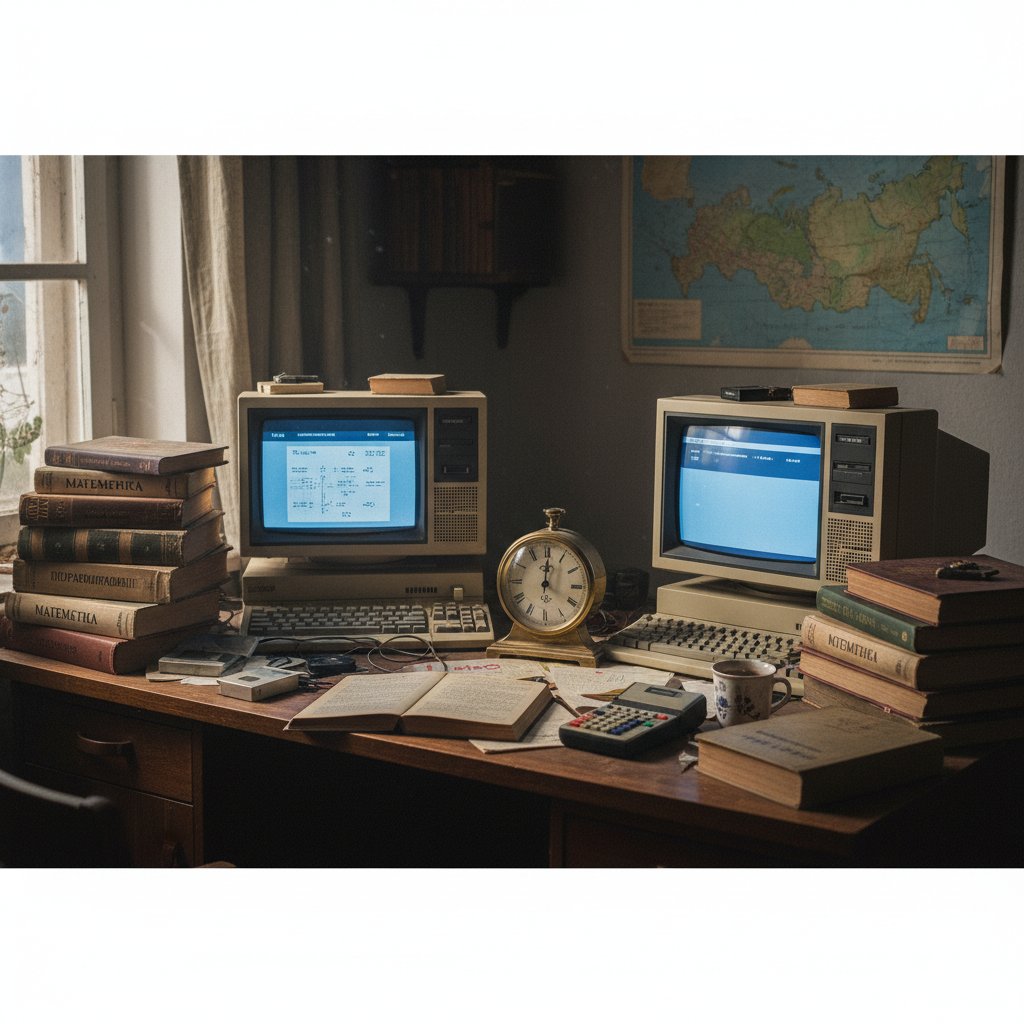 Stare komputery i podręczniki do rosyjskiego na biurku, obok analogowego zegara