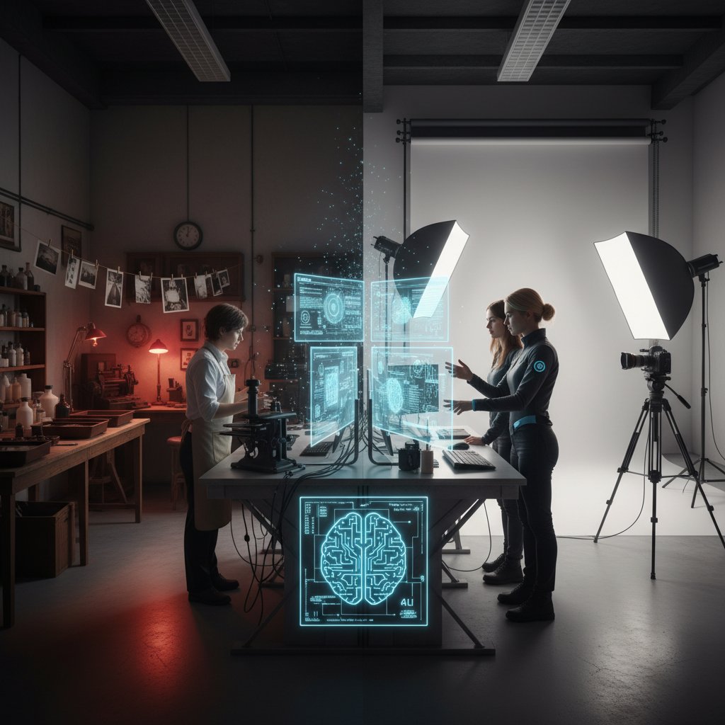 Stara ciemnia fotograficzna przeradzająca się w nowoczesne studio z komputerami i AI